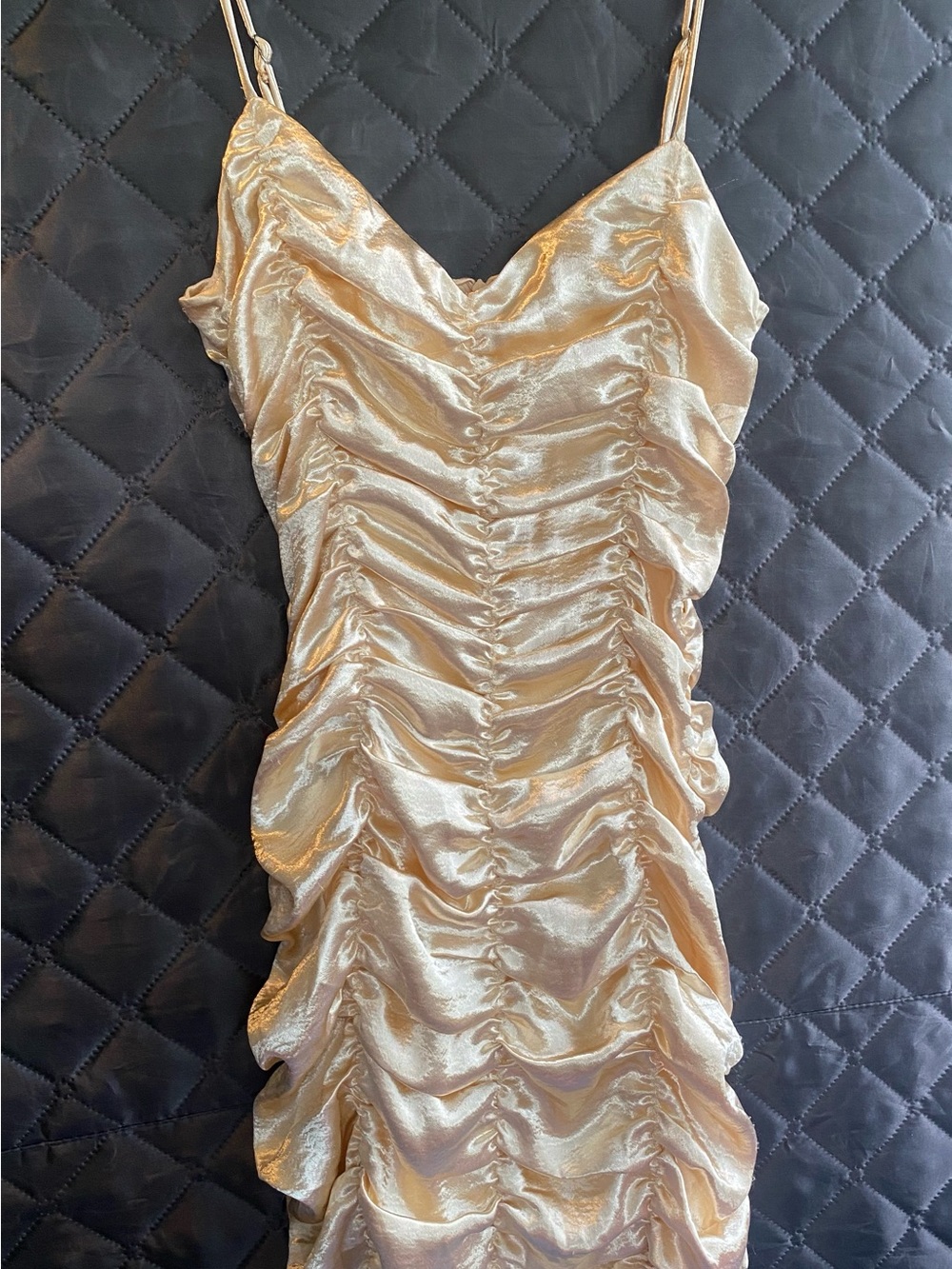 Lucy in the Sky Satin Ruched Mini Dress in Champagne Gold